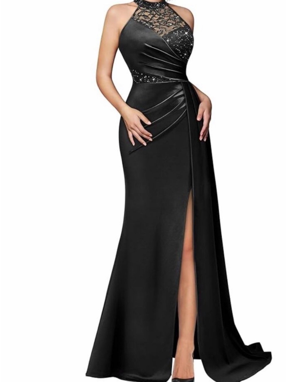 Black Halter Gown with Lace Bodice and Side Slit